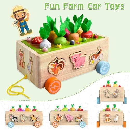 Achiyway Jouet Bebe 1 an, Jeux Enfant 1 2 3 Ans Garcon Fille 8 in 1 Jouet en Bois Montessori with Jeu de Peche, Reconnaître Animaux Légumes Formes, Cadeau Enfant (Voiture des Animaux)