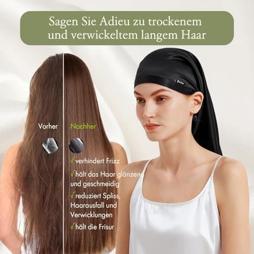 LILYSILK Bonnet de sommeil en soie de mûrier - 100 % soie de 19 momme - Long bonnet de nuit pour cheveux bouclés - Bonnet de nuit pour dormir - Bonnet en soie pour femme avec cheveux longs, Noir ,