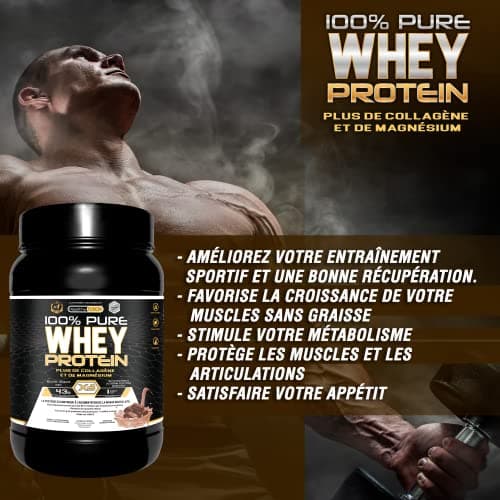 Whey Protein | Protéine pure avec Collagène + Magnésium | Tonifie et augmente la masse musculaire | Protège les muscles et aide à la récupération des tissus fibreux | 1000g de protéines chocolat
