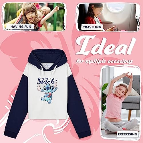 Disney Sweat à Capuche Fille Stitch, Pull Stitch, Crop Top Fille, Vêtements Mode Fille et Ado 7-14 Ans (Navy/Blanc, 7-8 Ans)