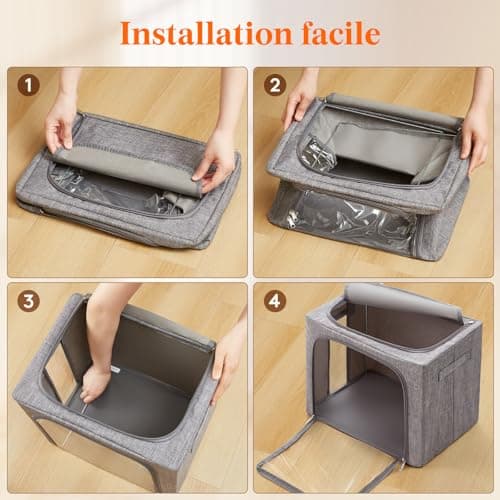 Lifewit Lot de 3 Sacs de Rangement Robuste avec Cadre en Métal, Boîte de Rangement Pliable, Organisateur Placard, Rangement Sous Lit, Boîtes Rangement pour Vêtements, Couvertures, 40L, Gris