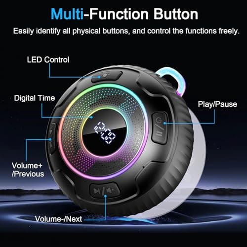 Enceinte Douche Bluetooth 5.3, Enceinte Bluetooth Etanche IP7, Haut-Parleur de Douche avec Appel Bluetooth, LED Lumière,Ventouse Puissante, 360° Stéréo Enceinte sans Fil, 10H Enceinte Portable, Noir
