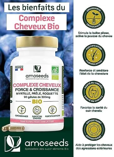 Cheveux BIO | Force & Croissance | Stimule la Pousse, Fortifie les Cheveux | Myrtille, Prêle, Roquette | 90 gélules de 300mg | Qualité Supérieure