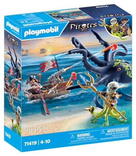 Playmobil 71419 Pirate avec Pieuvre géante, Comprend Deux Personnages, Une Pieuvre géante Qui pulvérise de l'eau, Un Bateau à rames et de Nombreux Accessoires, Univers Pirates, pour Enfants dès 4 Ans