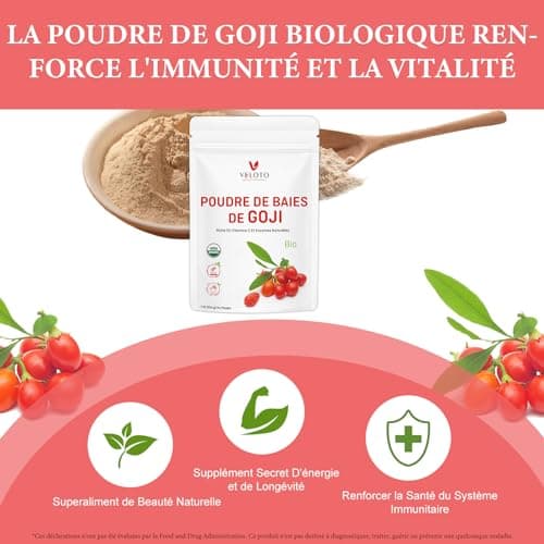 Poudre de Goji Bio Extraits, Baies Biologiques de Goji Poudre, Baies de Goji Bio de Qualité Supérieure - Immunité et Fatigue, Sans Additifs, Sans OGM, Supplément de Fines Herbes, 454g/1lb