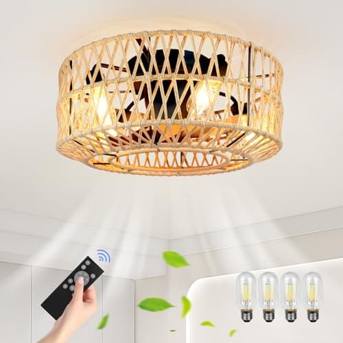 FIMEI Ventilateurs de plafond avec lumières et télécommande, 6 vitesses réversibles, 19'' ventilateur en corde de chanvre tissée à la main, éclairage pour salon, minuterie, 11W lumière, 20W DC Moteur