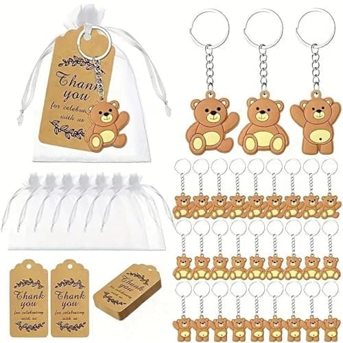 Lidzopas Lot de 18 porte-clés mignons en forme d'ours de la jungle avec étiquettes de remerciement en kraft pour sacs en organza pour décoration de fête d'anniversaire