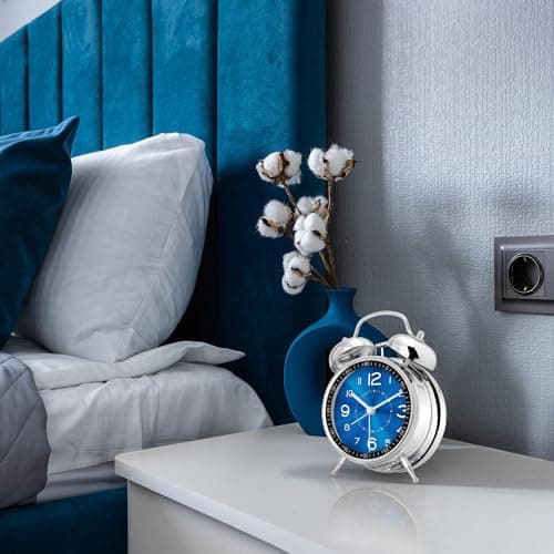 Lafocuse Reveil Double Cloche Analogique sans Tic-tac, Réveil Métal Bleu avec Grand Cadran, Horloge de Table Silencieuse avec Lumière de Nuit pour Chambre Bureau 16cm