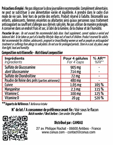 Formule Articulations douloureuses 7 en 1 Conua | GLUCOSAMINE + CHONDROÏTINE Mobilité & Souplesse Articulaire | Flexibilité Capital Osseux | + Vitamine C* et D* + Cuivre* + Manganèse + Reine des prés