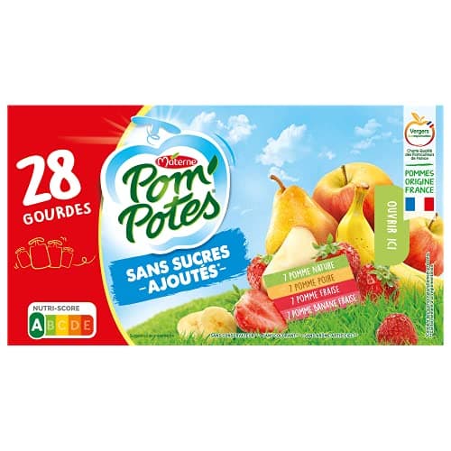 POM'POTES Compote Gourde Sans Sucres Ajoutés Pomme/Pomme Poire/Pomme Banane Fraise 28x90 g, Vert