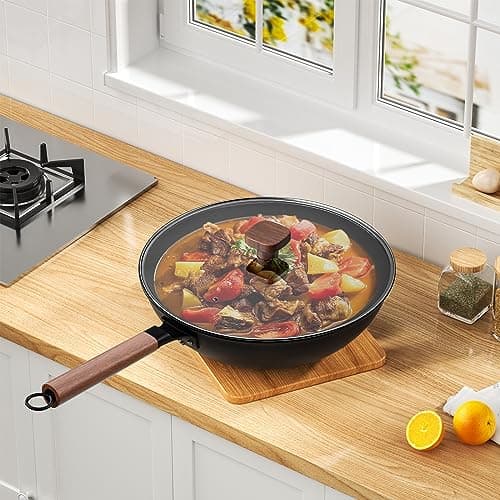 Jobin 33 cm/5,6L Wok en Acier au Carbone Avec Couvercle - Sans Revêtement Chimique - Cuisiner des Plats Asiatiques pour 4-6 Personnes - Convient à Induction/Electrique/Gas