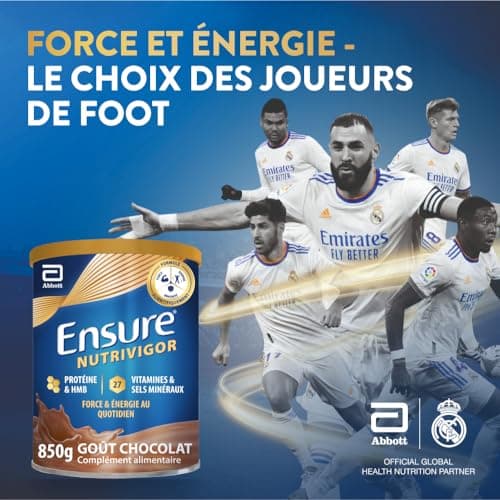 Ensure NutriVigor - Complément alimentaire avec protéines, 27 vitamines et minéraux et HMB - Pour une alimentation saine et équilibrée - Chocolat - 1 x 850 g