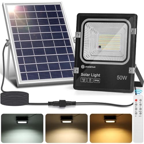 Aigostar - Projecteur Solaire LED d’extérieur avec Panneau Solaire,50W,Dimmable 3000/4000/6500K,5000mAH,Batterie de Grande Capacité,IP66,Lampe Solaire exterieur avec Télécommande,2M Câble,pour Jardin