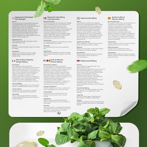 Huile De Menthe Poivrée 200mg 365 Gélules - Forte Absorption & Douce Pour l'Estomac - Gélules Multi Usages À Action Rapide Huile Essentielle de Menthe Poivrée, Pure & Naturelle - Confort & Bien-Être