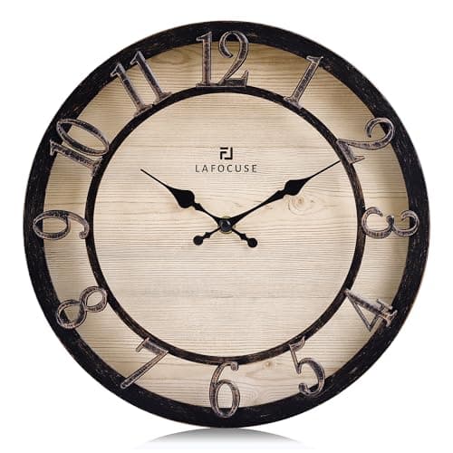 Lafocuse 30cm Horloge Murale Chiffres 3D Retro, Silencieuse Pendule Murale Rustique Vintage, Noir Shabby Chic Déco sans Tictac pour la Maison Salon Cuisine Chambre Bureau