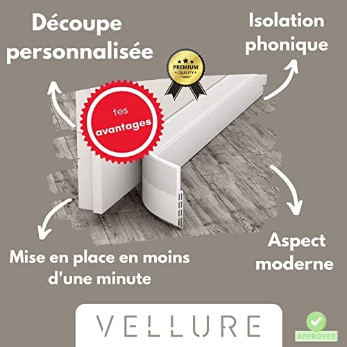 Vellure® Bas de porte anti-courant d'air & étanchéité porte - NOUVEAU bas de porte isolant (rapide à installer), idéal pour l'isolation contre le froid, le bruit & l'humidité (1 x blanc)