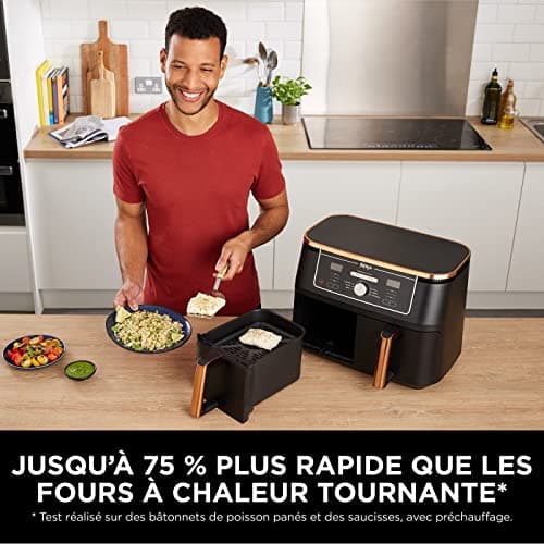 NINJA Foodi MAX Dual Zone Air Fryer, 2 Tiroirs, 9,5L, 6-en-1, Sans Huile, Air Fry, Max Crisp, Rôtir, Cuire, Paniers Antiadhésifs Lavables Au Lave-Vaisselle, Cuivre/Noir Exclusivité Amazon AF400EUCP