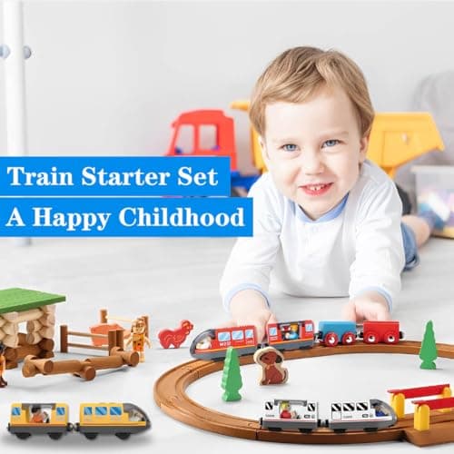 LiRiQi Train de locomotives à Piles, Ensemble de Jouets Magnétique électrique pour Voie Ferrée en Bois Compatible avec Thomas, Brio pour Tout-Petits Enfants garçon Filles
