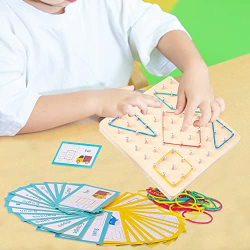 VingaHouse Géoboard en Bois avec Cartes, Jouet Montessori Géoboard en Bois Puzzle Montessori Toys 4 5 6 Jouet éducatif Cadeau pour Enfants de 3, 4, 5, 6 Ans