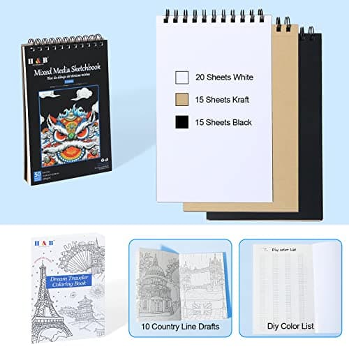 H & B Lot de 80 crayons à dessin, ensemble de crayons à croquis, kit de dessin professionnel avec livre de coloriage, carnet de croquis, 3 couleurs, enfants, débutants (noir)