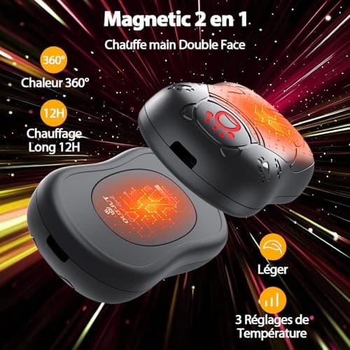 OUTJUT Chauffe Main Electrique 2 en 1 Noir, Chaufferette Main Reutilisable, 3 Niveaux de Chauffe, 12000mAh Rechargeable par USB, Cadeaux Hiver Unisexes, pour Camping et Sports en Extérieur
