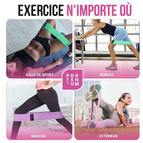 PORTENTUM Elastique Musculation Lot de 3 Bandes Elastiques de Fitness antidérapantes en Tissu, 3 Niveaux de résistance pour Crossfit, Yoga, fessiers et Autres Sports et Sac de Rangement