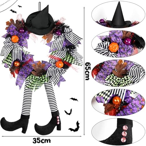 NEMMXUB 35cm Couronne Halloween, Guirlande de Sorcière, Couronne de Porte Halloween, Couronne de Sorcières Chapeau de sorcière Couronne de citrouilles,pour Cour,l'arbre,Porche Décor Murales Fenêtres