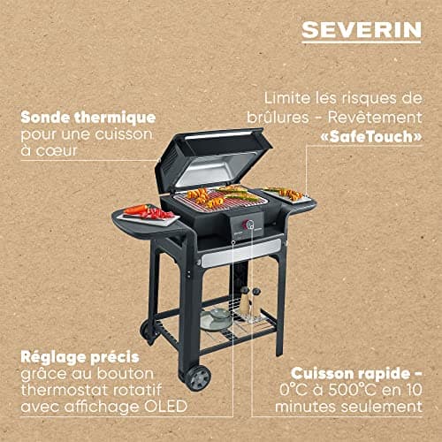 SEVERIN Barbecue électrique avec sonde thermique intégrée SEVO GTS, Gril électrique 3 000 W avec couvercle, Gril sur pieds, fonction démarrage rapide jusqu’à 500°C, Noir, PG 8107