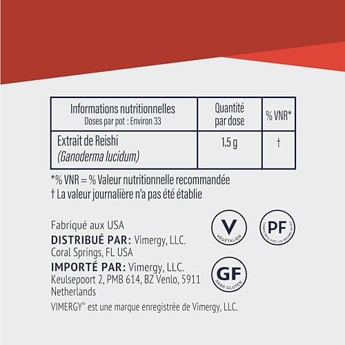 Vimergy Poudre de Champignon Reishi, 33 Portions – Extrait de Champignon Reishi Poudre –Végétalien – Formulé sans Agents Anti-Agglomérants, Additifs, Arômes ou Sucre – Sans OGM et sans Gluten (50 g)