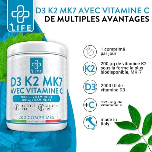 Vitamine D3 K2 Mk7 Avec Vitamine C 200 Comprimés Piulife® Vitamine D 2000 UI, Vitamine K2 200mcg, Vit C 125mg, Vitamines Pour Les Os Dents, Immunité Adulte, Boost Energie, D3 K2 Naturelle