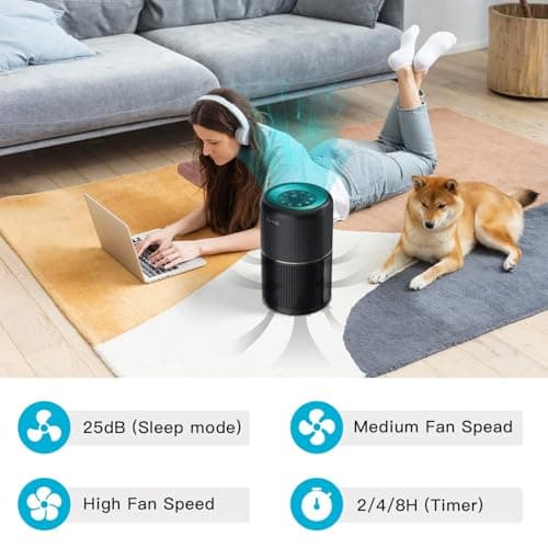 AIRTOK Purificateur d'air avec éponge parfumée, Purificatore d'aria H13 HEPA élimine 99,97% de la poussière, de la fumée et des odeurs d'animaux, air purifier avec veilleuse | 3 niveaux de vitesse
