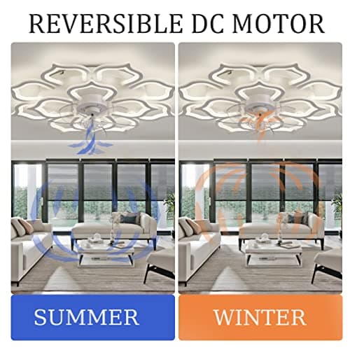 Grand Ventilateur De Salon Floral Avec Lumière, Ventilateur De Plafond Design À 6 Vitesses LED Dimmable, Moteur DC Réversible, Modes Hiver Et Été, Plafonnier Avec Ventilateur Et Minuterie-White||80CM