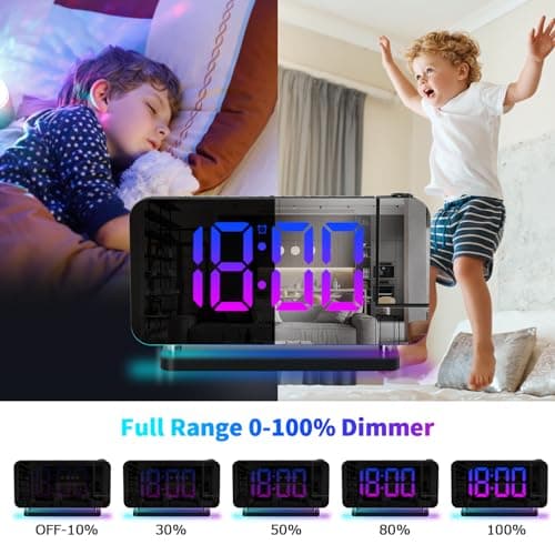 ThreeH Réveil Arc-en-Ciel Numérique Réveil à Projection Grand écran LED Miroir Veilleuse Colorée Double Ports Charge USB Fonction Snooze Dimming Volume Ajustable Noir