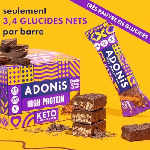 Barres Adonis Keto Riches en Protéines aux Double Chocolat (16 Barres de 45g) | Végétalien et Keto l 100% Naturel l Sans Sucre, Sans Lactose Faible, Keto Snacks