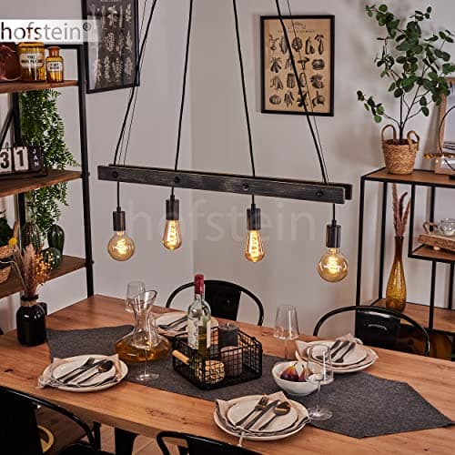 Suspension Aarhus, lampe à suspendre en métal/bois en noir/marron, 4 flammes, 4 x E27, hauteur réglable, sans ampoules