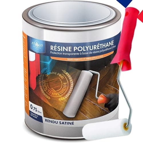 Résine polyuréthane SATIN 750ML mono- composant, incolore, vernis, vitrificateur, protection polyvalente, multi-usages et son rouleau adapté à la bonne application de la résine.