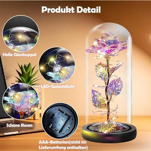 ELEUTH Rose Eternelle sous Cloche, La Belle et la Bête, Rose Fleur de Noël, Dôme Verre Rose Éternelle avec Lumière LED, Cadeau pour la Fête des Mères Saint-Valentin Fête Anniversaire Mariage