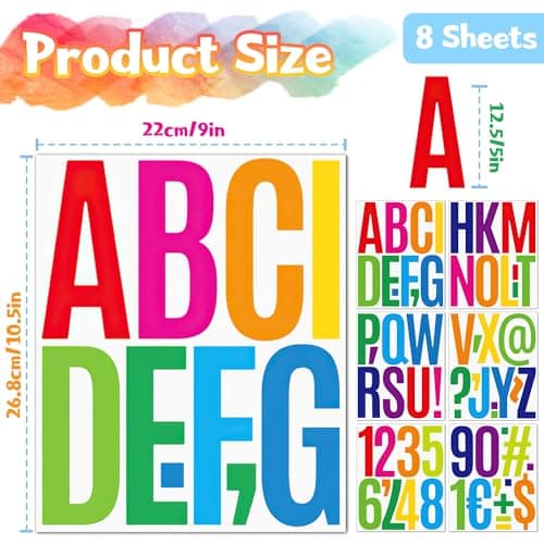 Lot de 8 feuilles d'autocollants lettres de l'alphabet de 12,7 cm - Grands autocollants de lettres et chiffres colorés - Autocollants adhésifs pour panneaux, boîtes aux lettres, arts, bricolage
