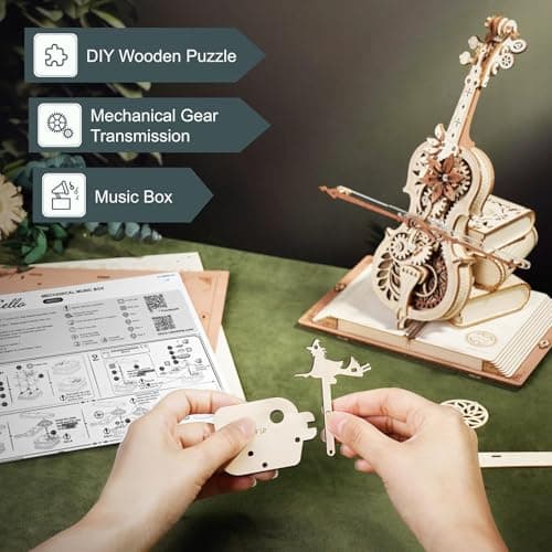 ROBOTIME Puzzle 3D en Bois pour Adultes - Boîte à Musique Violoncelle - Kit de Maquette d'engrenage de Construction - Décoration Exquise Cadeaux
