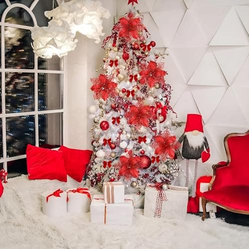 MHMondawn Lot de 18 fleurs de Noël à paillettes avec clips - 12 nœuds - Étoile de Noël - Fleurs - Décoration d'arbre de Noël (paillettes rouges)