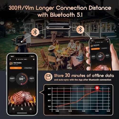 INKBIRD INT-11P Thermomètre à viande Sans Fil, Thermomètre Barbecue Bluetooth 91 m/300 pieds Contrôle App avec Alarmes de Température Intelligentes pour Four Gril Four Cuisine BBQ Fumoir