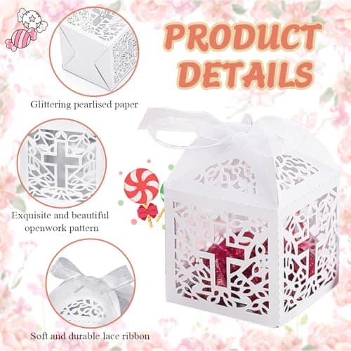 HEKOBAG 50 Pièces Boites à Dragées, Boîte à Bonbon Mariage avec 50 Rubans, Boîte Cadeau Mariage, Petite Boîte Emballage Cadeau pour Mariage, Communion, Baptême, Baby Shower, Noël (5x5x8cm)