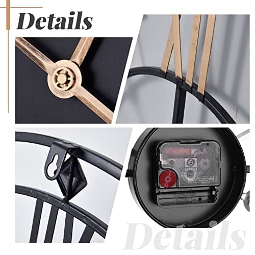 Yumyolk Horloge Murale Ronde, 60 cm, Silencieuse, Fonctionnement à Piles, Lunette Noire, Aiguilles Or, Chiffres Romains Or