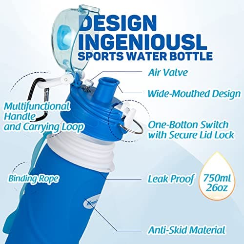 Kemier Bouteilles d'eau Pliables en Silicone de 750 mL, Sans BPA, Approuvées par La FDA.Bouteilles d'eau Pliables Pouvant s’Enrouler Pour Sports et Plein Air,étanches et à l'épreuve Des Fuites(Bleu)