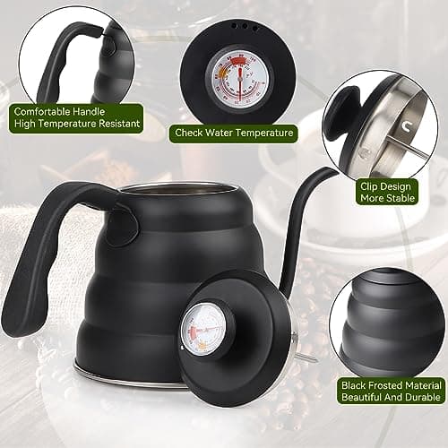 EFUTURETIME Bouilloire Noire Col de Cygne Inox Gaz, Theiere 1.2 L avce Thermomètre, Gooseneck Kettle pour Gaz, Induction avce Poignée Résistante à la Chaleur