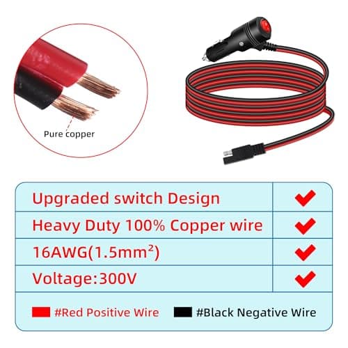 GELRHONR Adaptateur SAE vers allume-cigare avec interrupteur, prise allume-cigare de voiture 12 V vers SAE 2 broches Quick Release - Câble de charge avec fusible 15 A pour voitures, motos, RV-6,5
