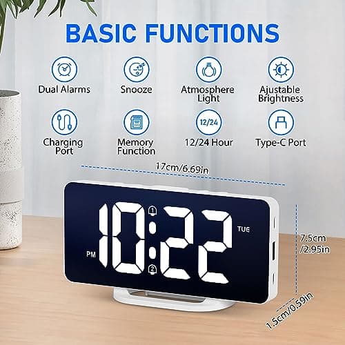 VINILITE Réveil Numérique Reveil Lumineux avec Veilleuse 10 Couleurs LED Horloge Digitale Luminosité Réglable, Fonction Snooze/ 2 Alarme/ 12/24H/ Port de Recharge USB (Blanc)