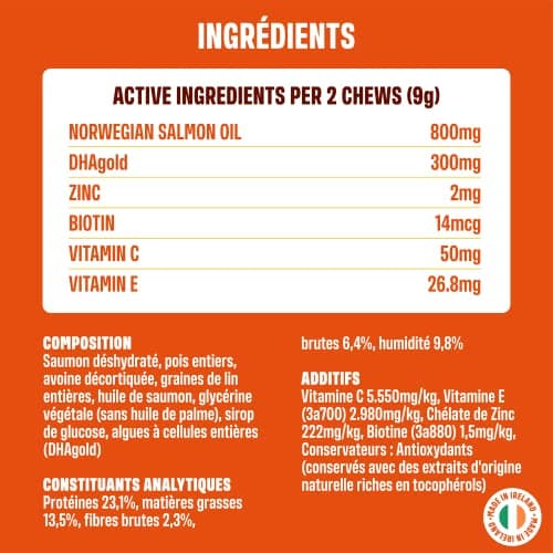 ivvi - Skin & Coat - Complément Alimentaire pour Chien, Anti-Démangeaisons, Fourrure Douce et Brillante - Oméga 3, Huile de Saumon, DHAgold, Vitamines C, E et Zinc - 60 Friandises au Saumon