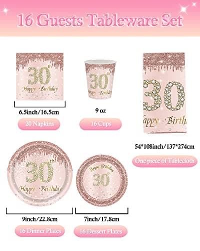 TOPWAYS Rose Assiette Jetable Decoration Anniversaire 30 ans Vaisselle Lot, Papier Assiette Jetable Gobelet Serviette Nappe pour Deco Anniversaire Fille Femme 16 Invités