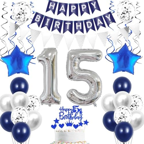 Décoration 15 ans garcon anniversaire ballon argent bleu décoration gâteau anniversaire 15 ans garcon fille ballon argent, 15 ans anniversaire garcon ballon décoration gâteau 15 ans anniversaire